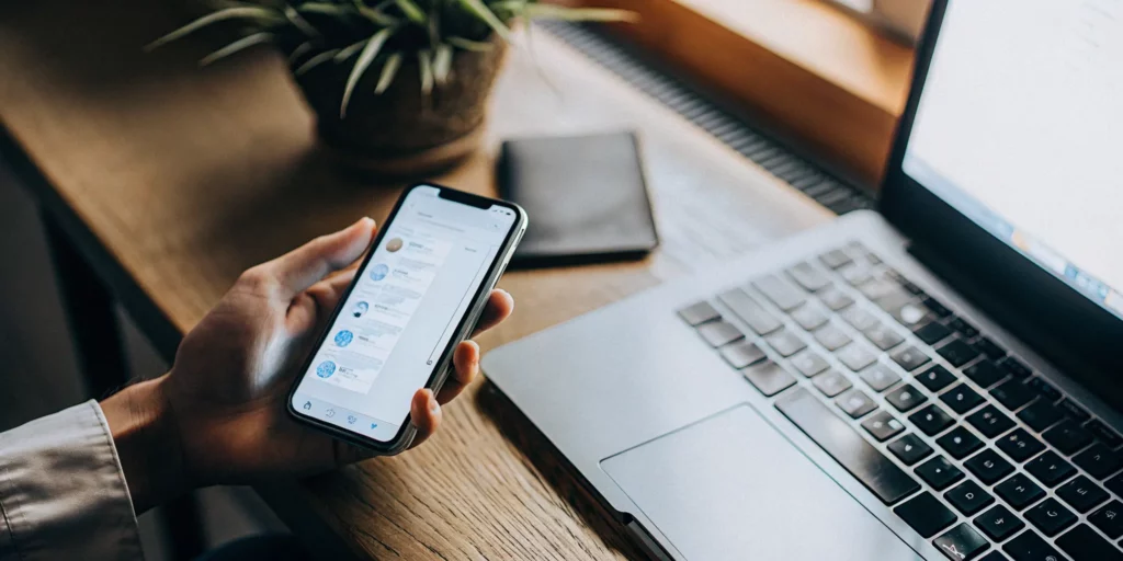 Automated text message marketing on a smartphone next to a laptop.