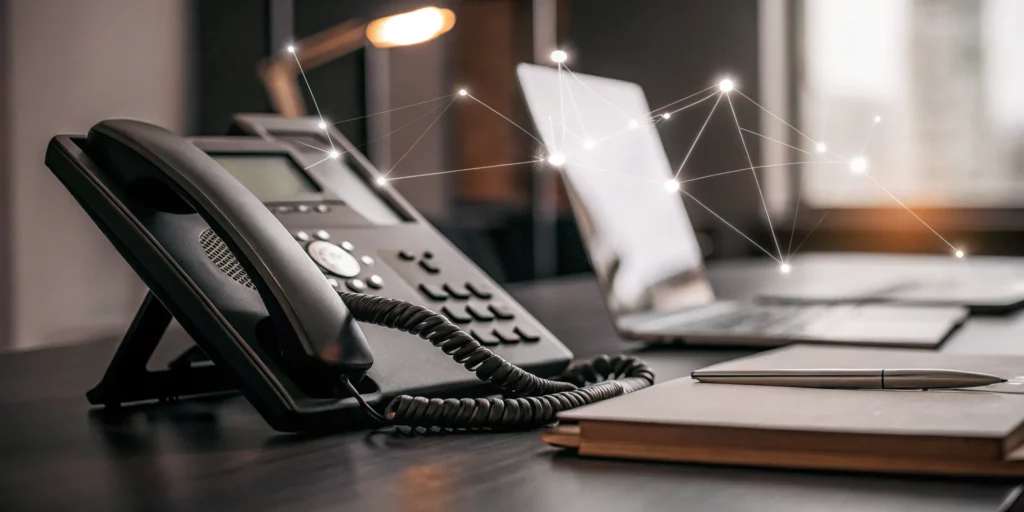 Automated phone system on a busy office desk.