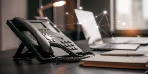 Automated phone system on a busy office desk.