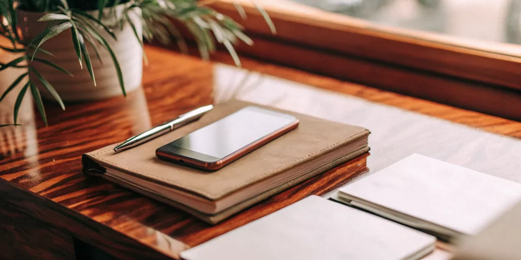 Business phone answering service tools on a desk.