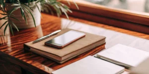 Business phone answering service tools on a desk.