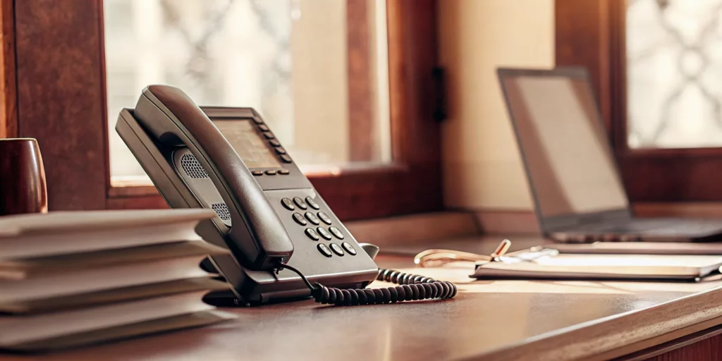 Business phone system on a desk with a laptop.