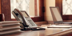 Business phone system on a desk with a laptop.