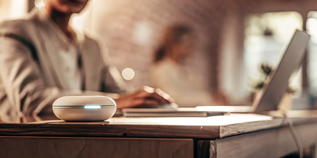 AI voice assistant on desk.