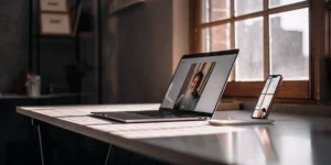 Virtual receptionist software on laptop and phone.